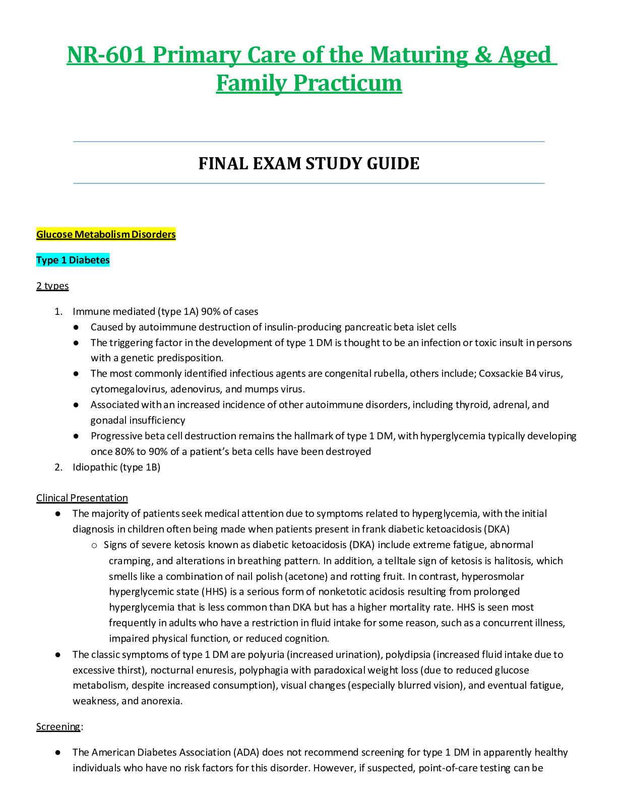 Preview image for NR601 / NR-601 Final Exam Study Guide Updated: Primary Care of the Maturing & Aged Family Practicum - Chamberlain